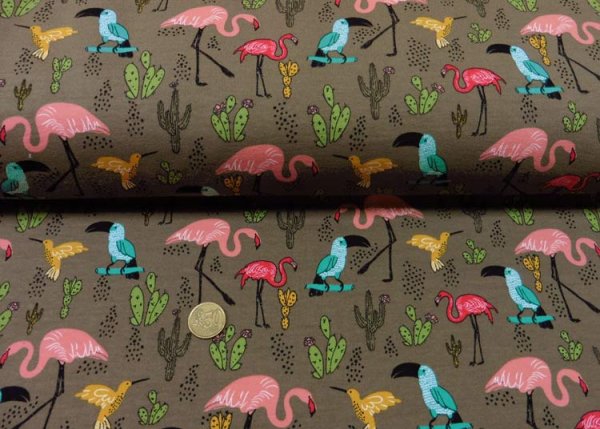 Tropical flamingo french terry brown